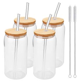 4 Set Glass Cups with Bamboo Lids and Straws, 20oz Can Shaped Drinking Beer Glasses, Iced Coffee Cups, Cute Tumbler with 2 Cleaning Brushes, Ideal for