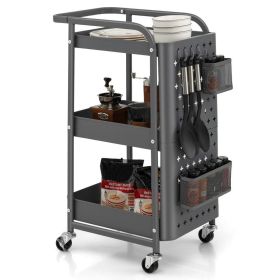 Multifunction 3-Tier Utility Storage Cart Metal Rolling Trolley W/ DIY Pegboard Baskets (Color: Grey, type: Kitchen Islands & Carts)